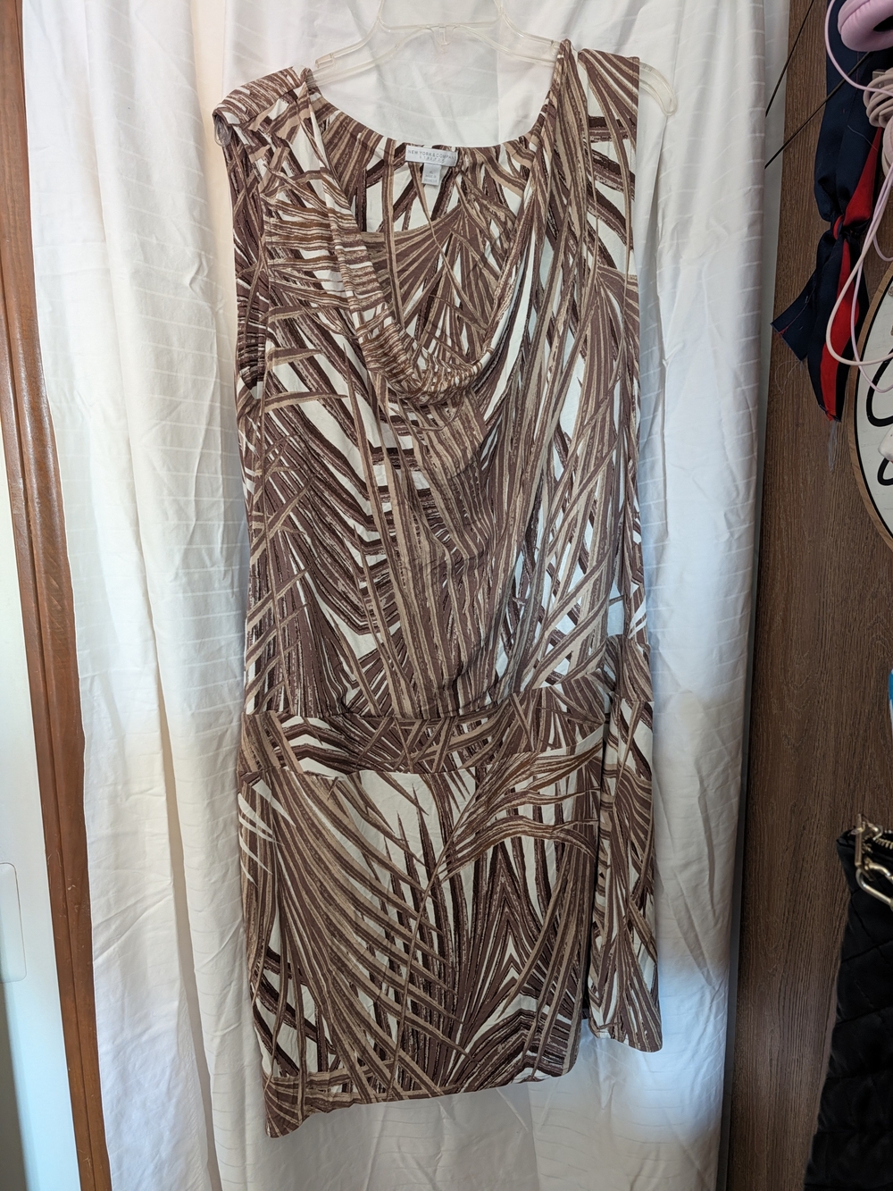 New York & Company Brown and Cream Palm-Print Midi Dress